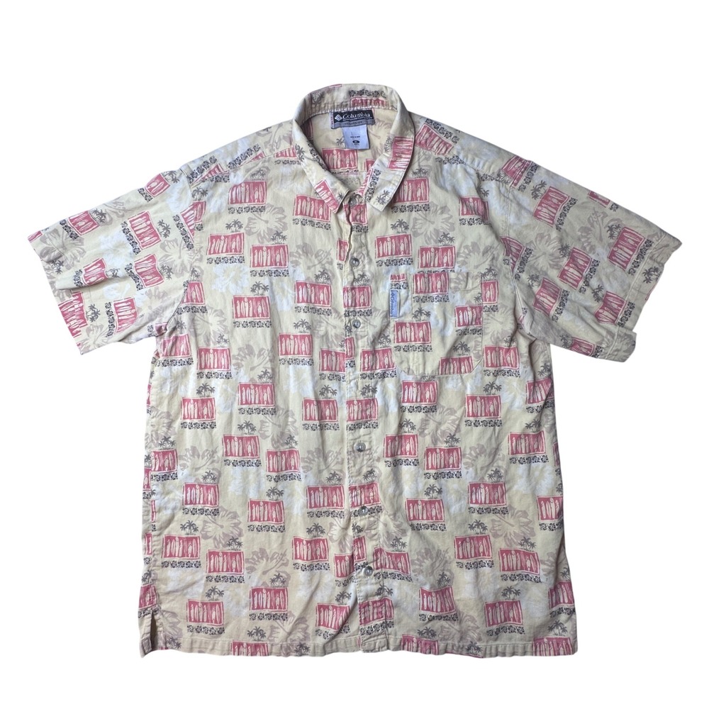 Columbia Shirt Mens XL Yellow Surfboard PFG AM7161 Tropical Short Sleeve Cotton